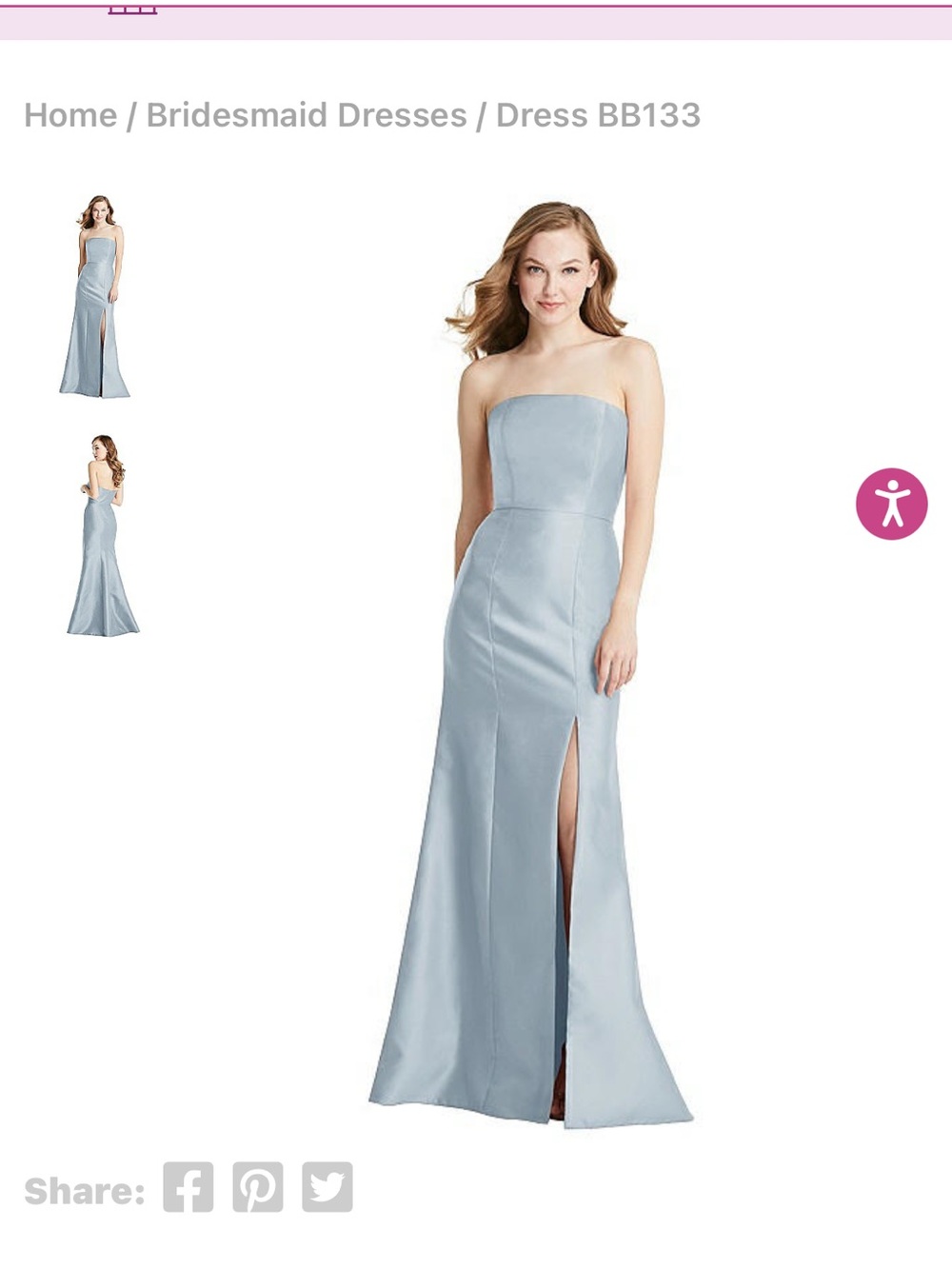 Dessy Group BB133 Mist Strapless Satin Gown with Front Slit - Size 0R